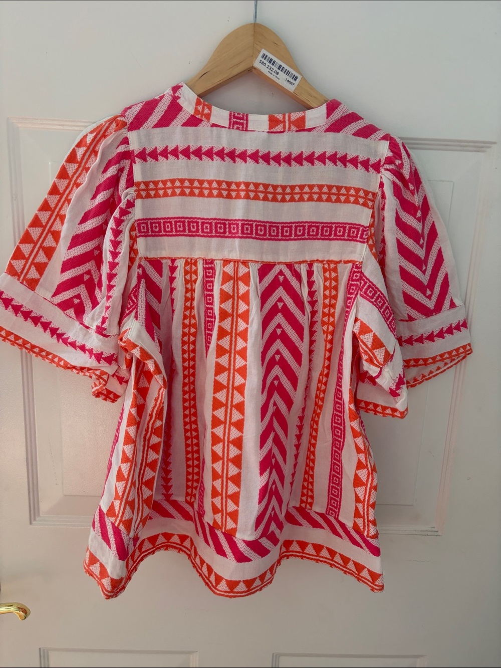 Old Navy Short Sleeve Jacquard Geometric Print Blouse S Pink Orange Ivory - Picture 5 of 5